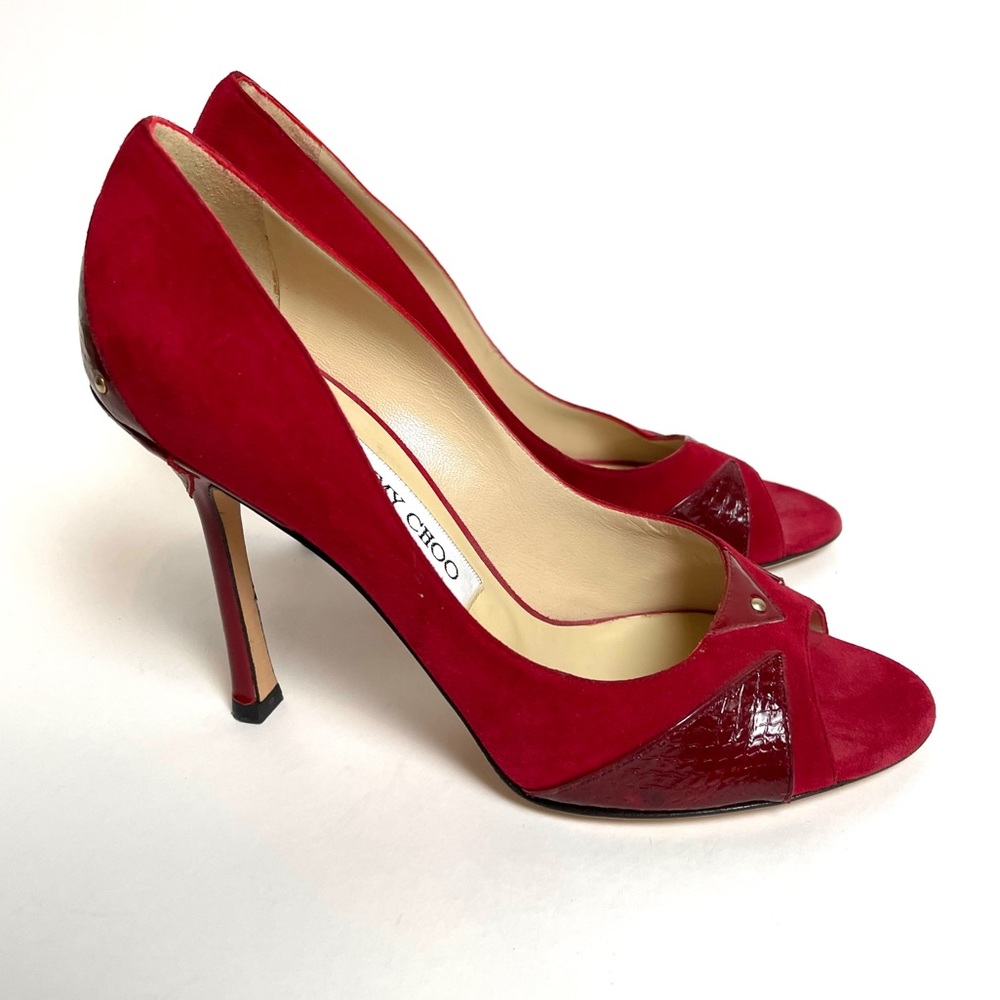 Jimmy Choo Red Peep Toe Suede Heel Pumps 8.5